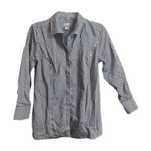 Chico's Top Size 00/2P Gray White Striped Tunic Long Sleeves Button Up Pockets